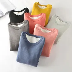 Winter Women Long Sleeve Thick Plus Velvet T-Shirt Warm Cotton Fleece Thermal Tops Casual Soft O-Neck Undershirt S-5XL