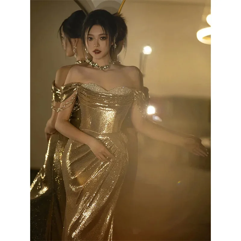 Dress for Women High-grade Gold Sequined Host One-shoulder Tube Top Toast Dress Bride Fishtail Midnight Skirt with Small Train