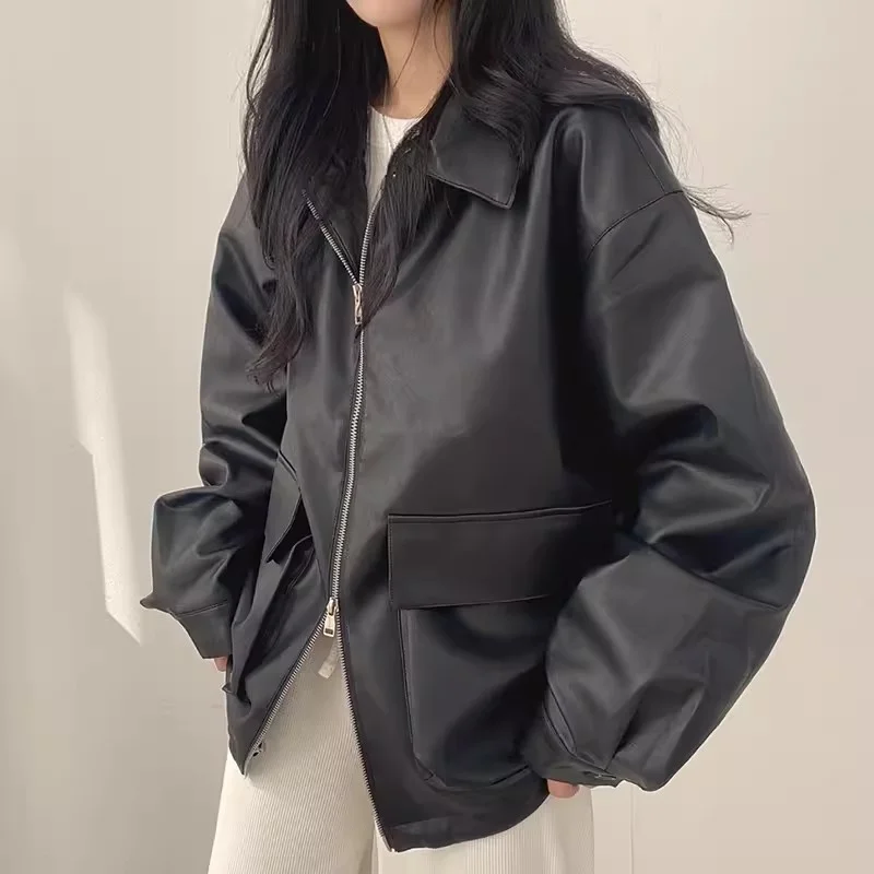 Chaqueta de cuero con cuello tipo Polo para mujer, cárdigan informal de manga larga con cremallera y Bolsillo grande, estilo Retro, primavera y otoño, 2024