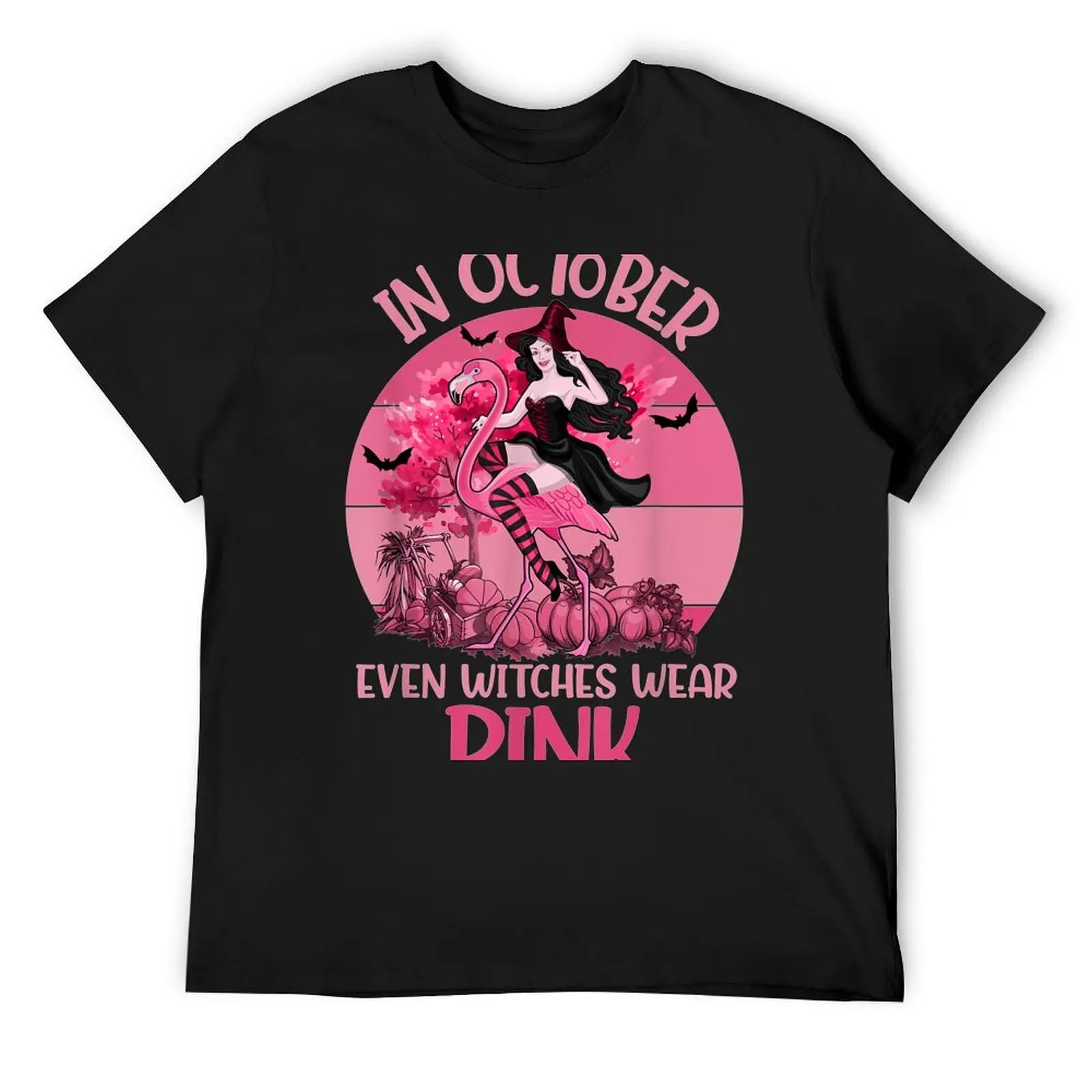 In October Even Witches Wear Pink Tee Breast Cancer Flamingo T-Shirt anime tshirt plus size tops tees t shirts for men cotton