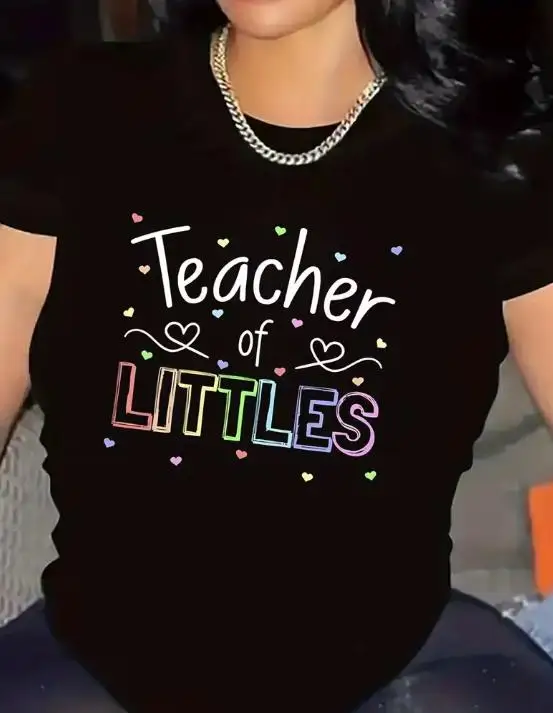 Women Preschool Teacher Graphic T Shirt Teacher Of Littles Colorful Letter Heart Print Round Neck Short Sleeve Casual Daycare Educator Gift Tee