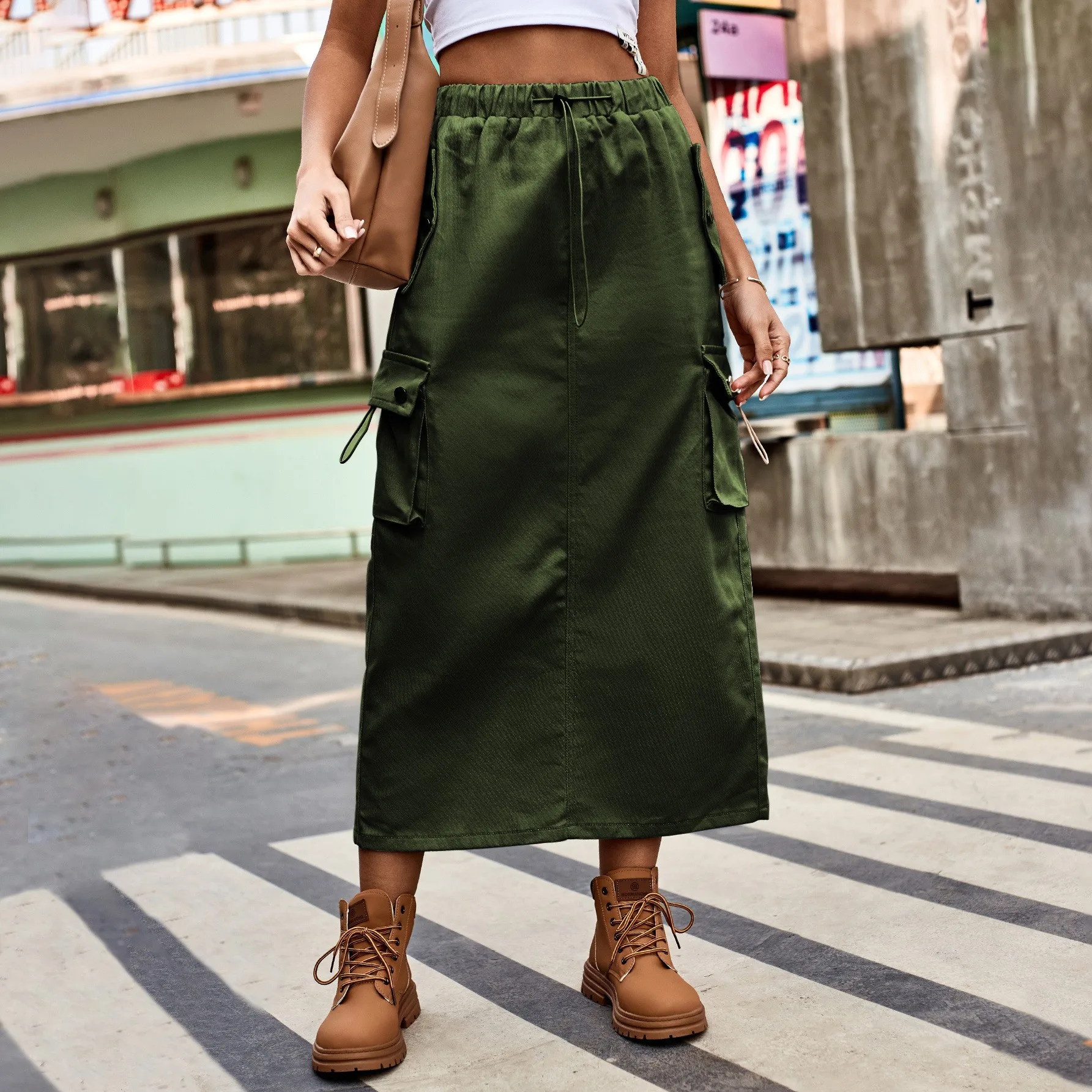 Y2k Women's Long Midi Straight Cut Denim Skirt Washed Olive Green Cargo High Waist Workwear Utility Front Slit Pocket Streetwear