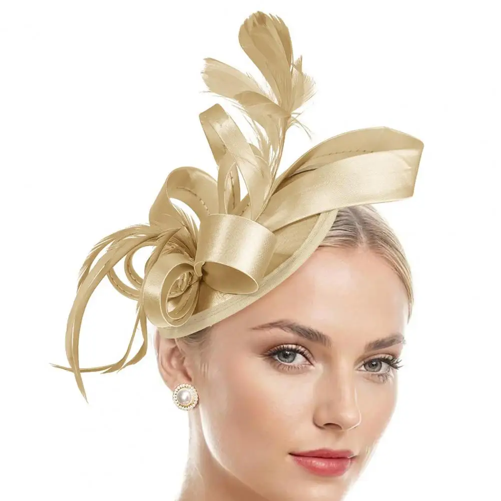 

New in Hair Hoop Fascinator Hat with Hair Clip Elastic Band Faux Feather Ribbon Decor Satin Fabric Women Headband Accessories