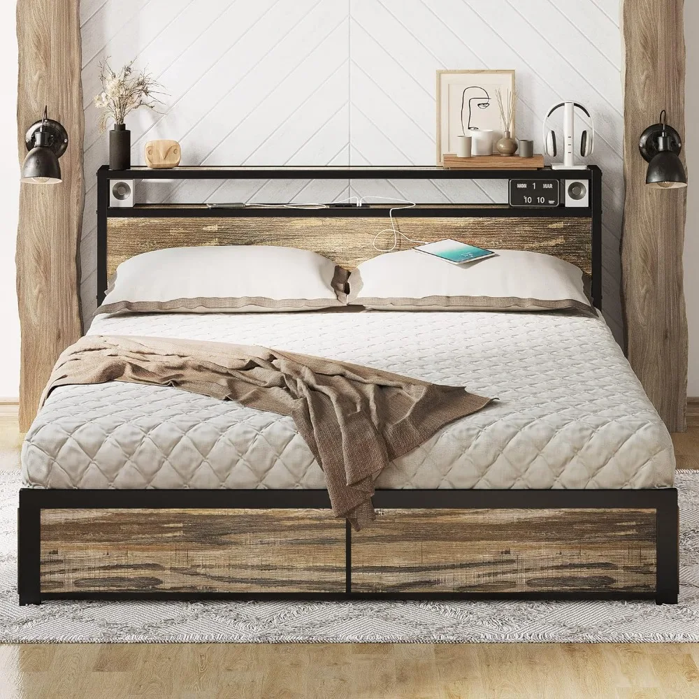 

Queen Bed Frame with Storage Drawer, 2-Tier Storage Headboard with Charging Station, No Box Spring Needed, Easy Assembly