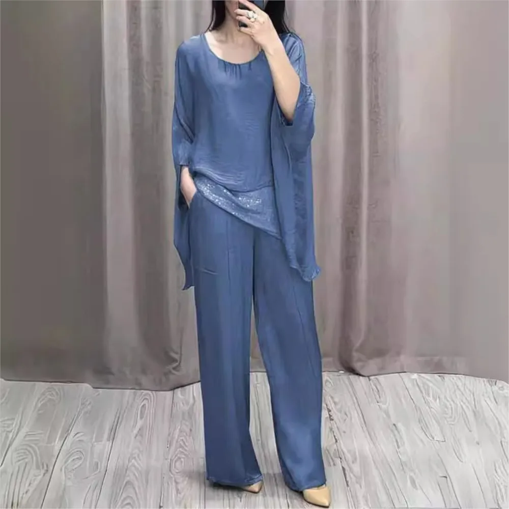 Casual Loose Seven-point Sleeve Women Suit Spring Autumn New Solid Color Fashion Pocket Straight Pants Female Office 2 Piece Set