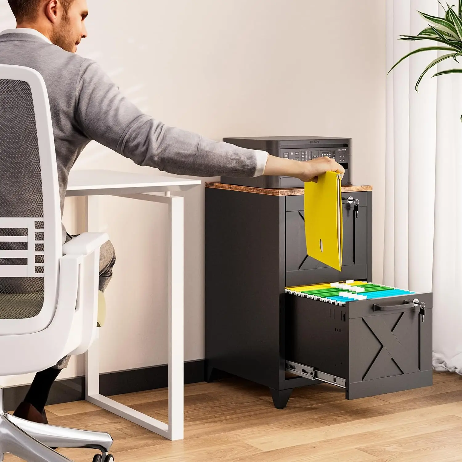 Black 2 Drawer File Cabinet With Lock Wood Top Metal Legs Modern Steel Vertical Filing Sideboard Storage Organizer For Letter Legal A4 Documents Home Office Workspace