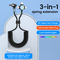 66W Colorful Streaming LED Light 3 In 1 Telescopic Micro USB Fast Charging Data Cable For iPhone 15 14 Xiaomi Huawei