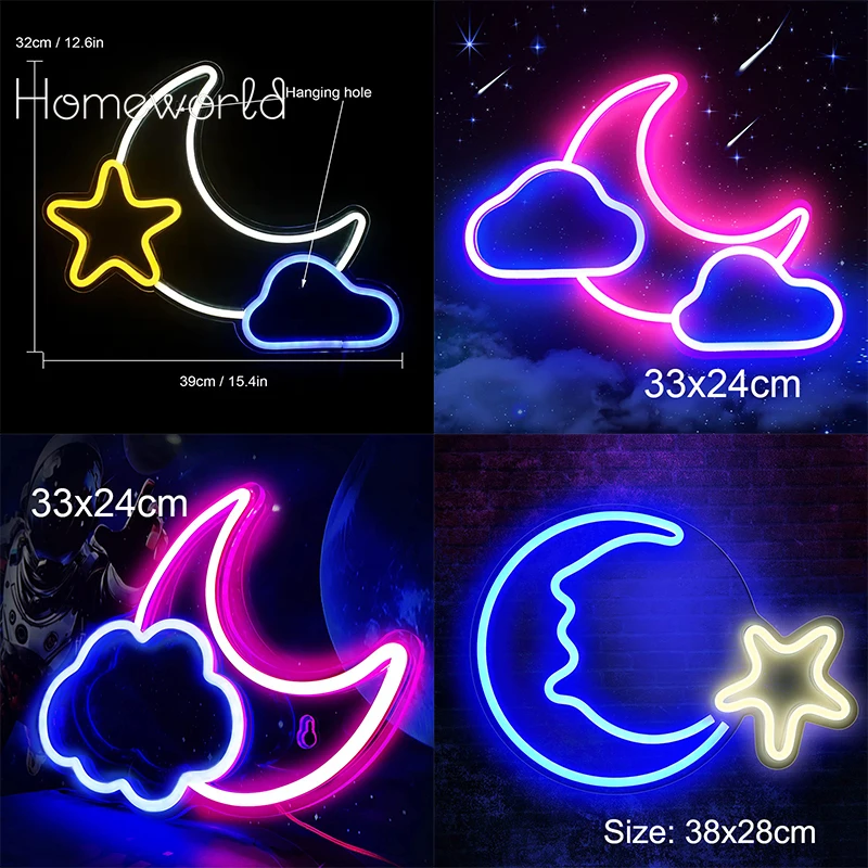 Moon Star Neon Sign Custom Sky Cloud LED Neon Light Dimmable Decor Wall Home Kids Room Party Bar Club Quiet Place Gift