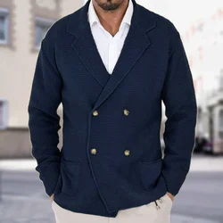 Vintage Double Breasted Sweater Coats Men's Cardigan Knitted Solid Color Knit Blazer Knitwear Winter Male Long Sleeve Jumpers
