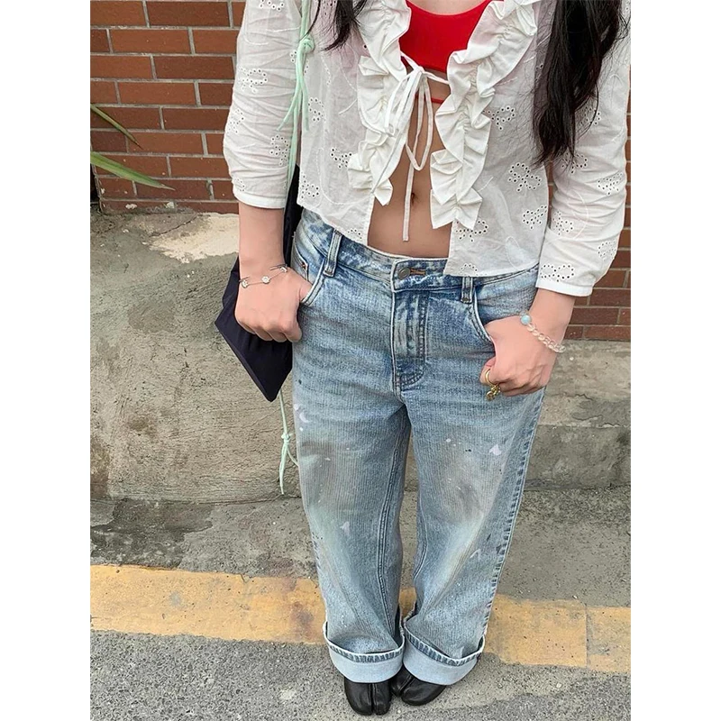 秋冬ヴィンテージシックなボタンジーンズ女性アメリカンシンプルなゆったりハイウエストデニムパンツウォッシュドY2Kワイドレッグジーンズパンツ