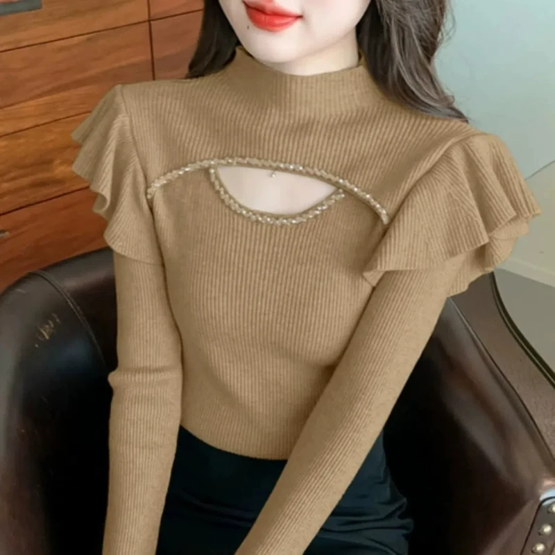 Korean Autumn/Winter Women\'s Sweaters Solid Mock Neck Ruffles Embroidered Flares Hollow Out Long Sleeve Pullovers Knitted Top