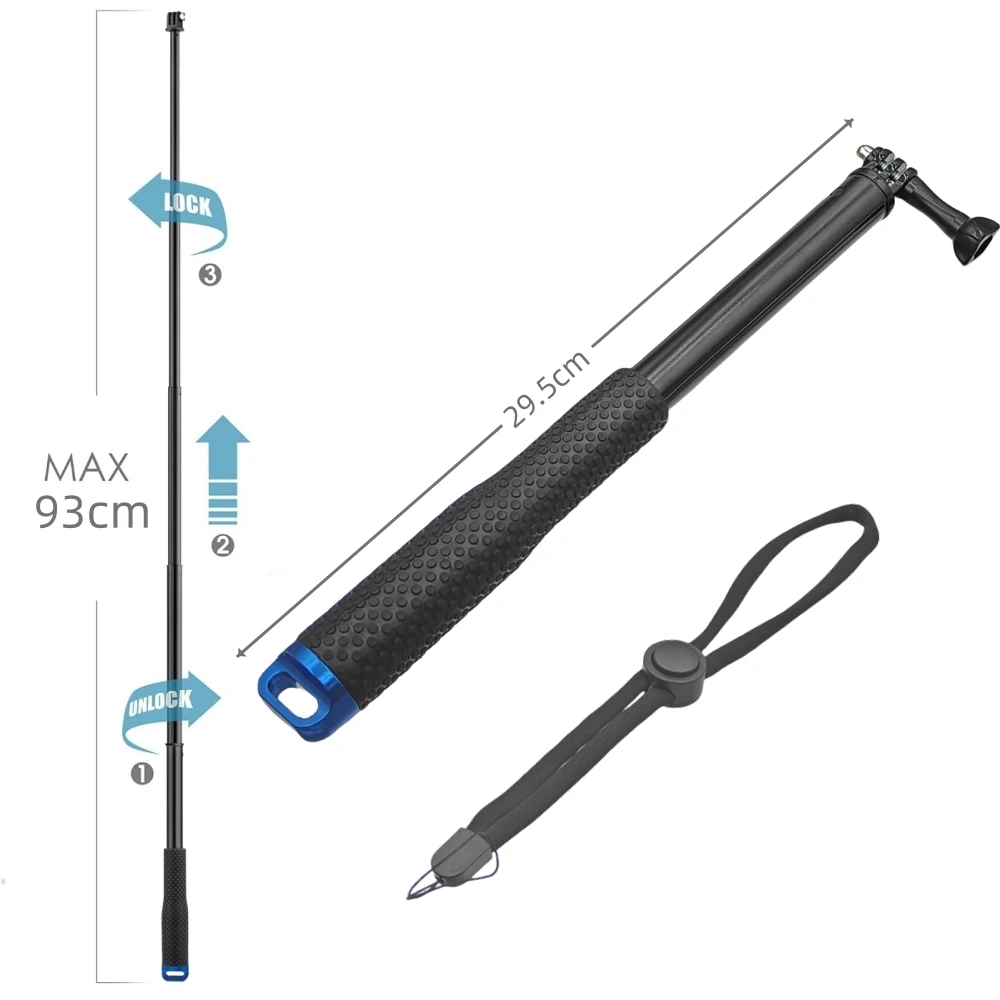 Aluminum Alloy Extention Pole Selfie Stick Long Rod Length Up To 93 cm For GoPro Hero 13 12 11 10 9 Insta360 ONE X4 X3