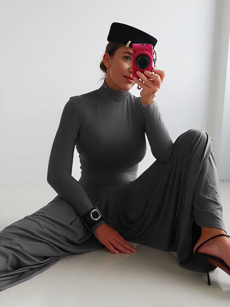 Nibber Basic Jumpsuits Woman Autumn Trend Turtleneck Full Sleeve Street Solid Simple Ruched Elegant Casual Office Style Overalls