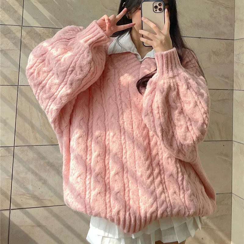 Kobiety w stylu Vintage leniwy wiatr V Neck śliczne swetry z dzianiny jesień dorywczo luźny sweter z długim rękawem koreański Oversize zielone swetry