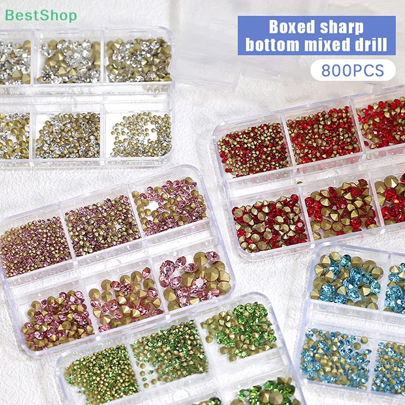 Strass pour Nail Art à fond pointu mixte, 6 grilles, pierres précieuses brillantes en cristal coloré 3D, adaptées au bricolage, fournitures de décoration pour Nail Art