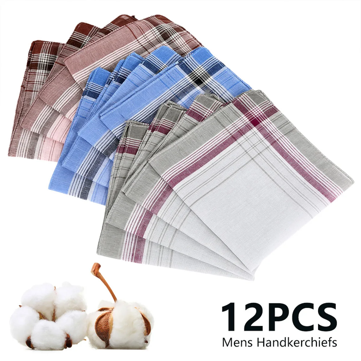 12Pcs Cotton Men's Handkerchief Square Plaid Stripe Pocket for Wedding Party Restaurant Women's Light Color Hand Towel
