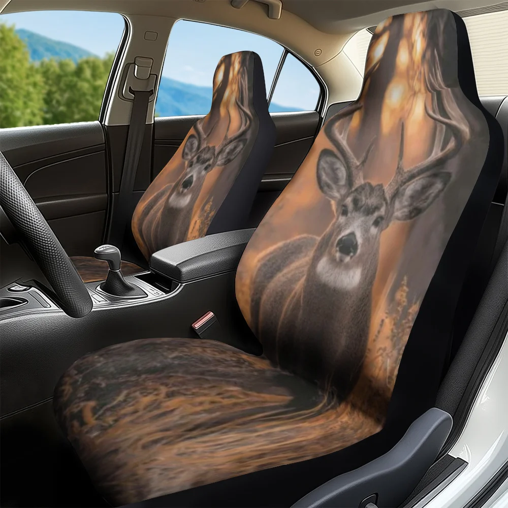 Set Of 2, Distinctive Golden Field Design With Autumn Deer Car Seat Covers, Plush And Suitable For All Seasons, Fits Cars, Suvs,