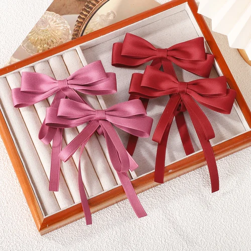 2 uds elegante cinta de doble capa Clip de pelo con lazo para niña Boutique sombreros horquillas borla larga accesorios para el cabello de cola de caballo