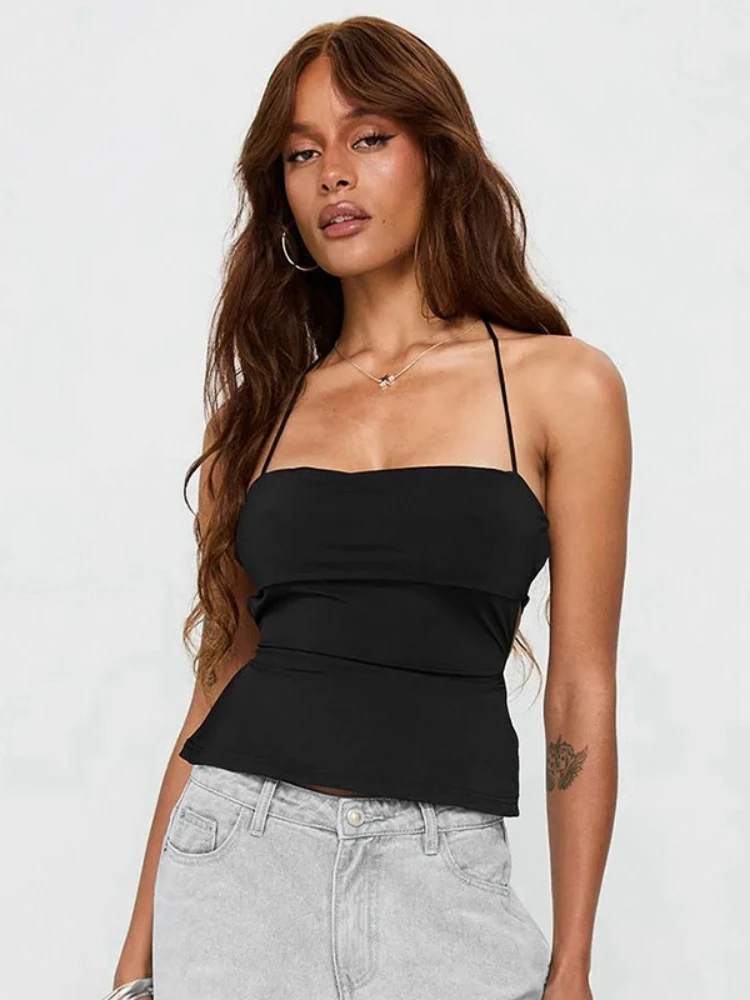 Tie Back Corset Top Neck-mounted Crop Top Women Edgy Clothes Y2k Accessories Backless Sexy Club Outfit Camison Verano Ropa Mujer