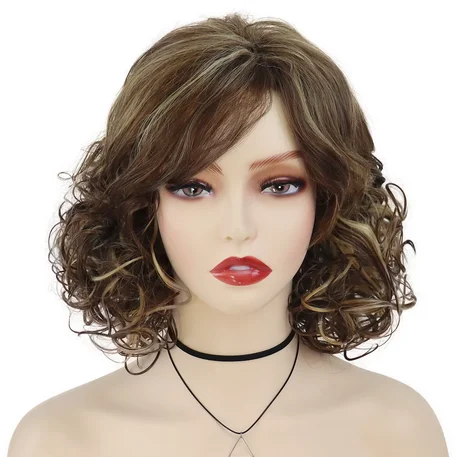 Shoulder Length Mix Brown Natural Synthetic Hair Wigs Curly Wavy Wig with Side Bangs for Women Heat Resistant Daily Party Use