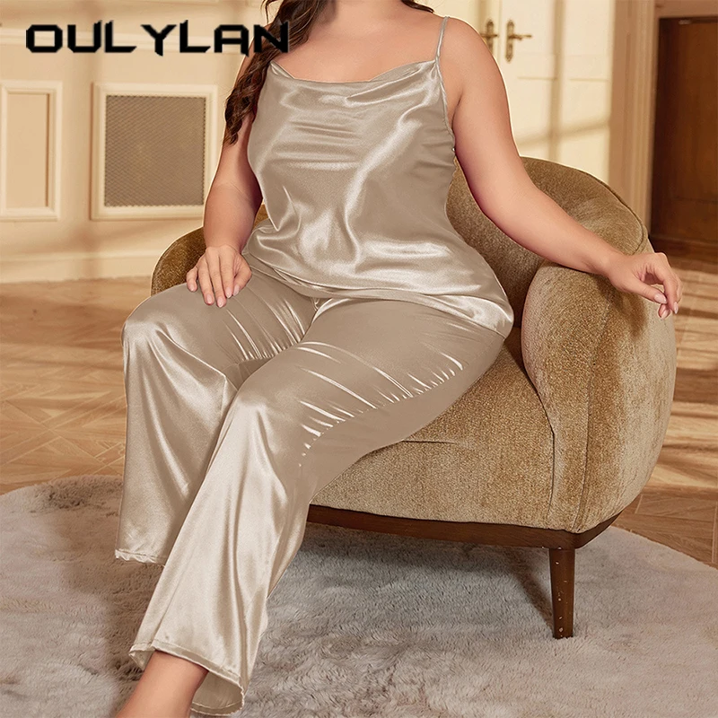 Oulylan Sexy Women Satin Nightwear Suit New Fashion Camisole Pants 2pcs Pyjamas Set Lady Summer Nightgown Large Size 4Xl 5Xl