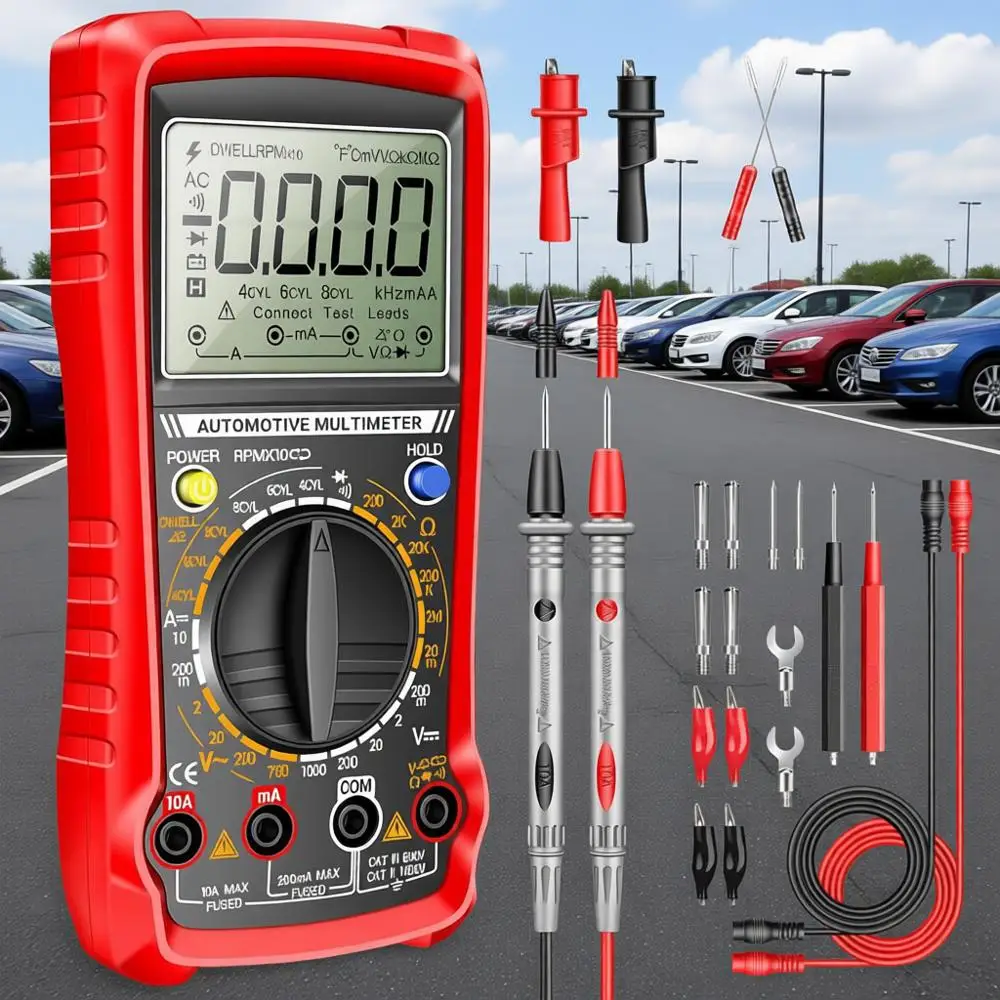 

Мультиметр, цифровой анализатор автомобильного двигателя, тахометр 500-10000 об/мин, измерение угла зажигания, цикла работы, постоянного тока, переменного/постоянного тока, напряжения, тока, сопротивления, большой ЖК-дисплей