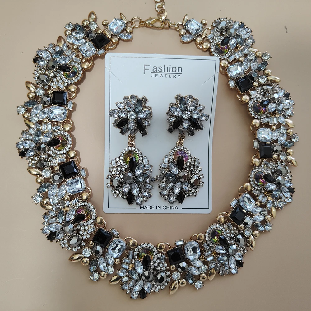 Women's Vintage Statement Earrings & Crystal Rhinestone Choker Set
