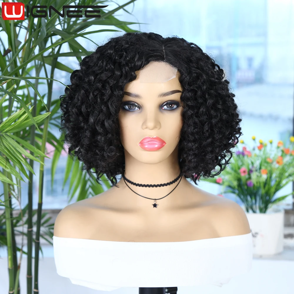 WIGNEE Peruca Curta Perucas Curtas Cabelo Sintético Peruca Preto Curly Side Part Perucas On Sale Peruca sintética Peruca de cabelo para mulheres