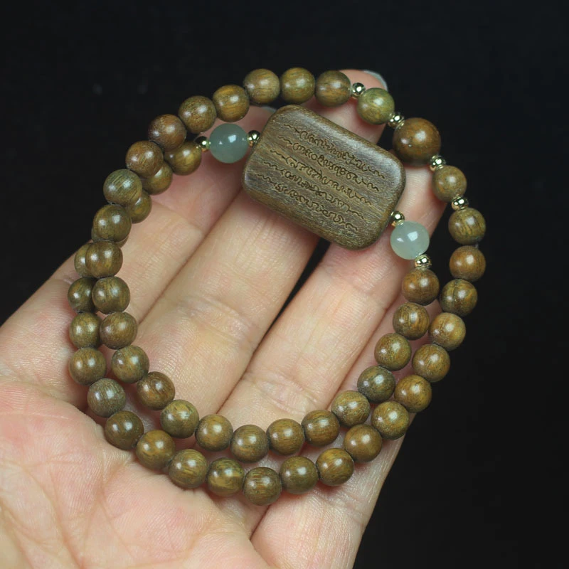 Green Sandalwood 6mm Double-Loop Buddhist Bead Bracelet with Five Scripture Tags, Personalized Jewelry for Men and Women, Prayer