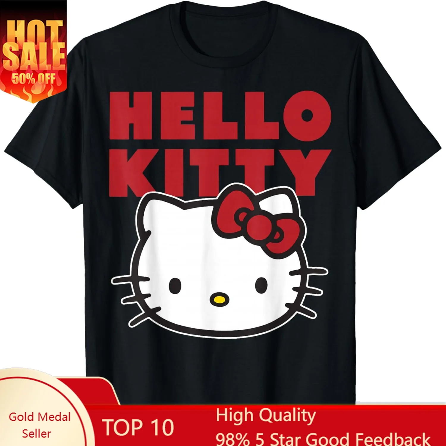 

Hello Kitty Big Face Bold Red Text Logo T-Shirt Women Tshirt Female Short Sleeved