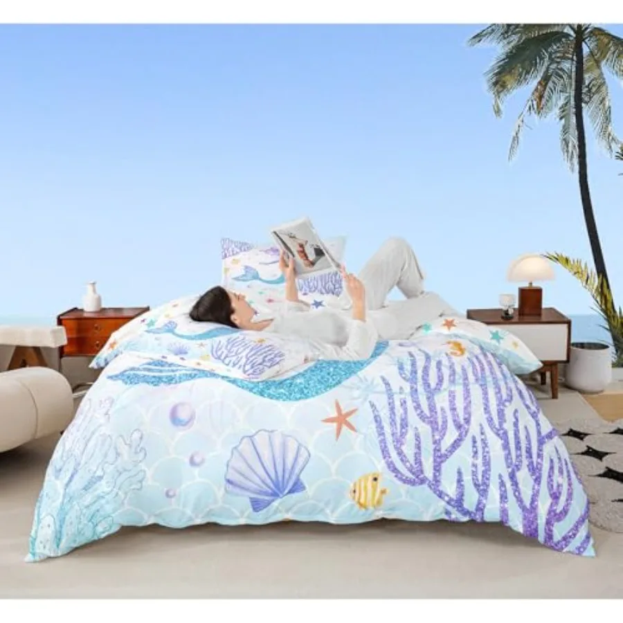 Bedding Set Full Size Rainbow Watercolor Glitter Duvet Cover Set for Girls Women Teens Room Decor, Fish Scale Comforter Cover O