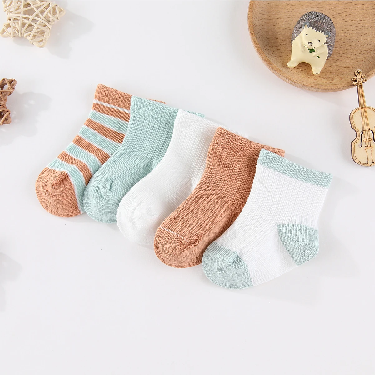 Kiddiezoom 5 Pairs Fashion Newborn Baby Boy Girl mid-calf Socks Cotton Soft Breathable Infant Accessories Four Seasons 0-12M