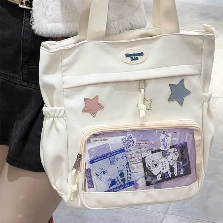 Women White Canvas Tote Bag Girls Kawaii Jk Crossbody Bags Large Capacity Y2k Star Handbag Cute Ita Handbag Photocard Kpop Purse