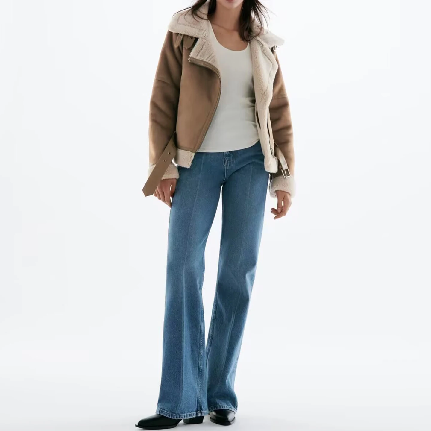 معطف Jaet جديد لخريف 2025 للسيدات من فراء الضأن للدراجات النارية من الجلد والفراء المتكامل معطف نسائي طويل Sve