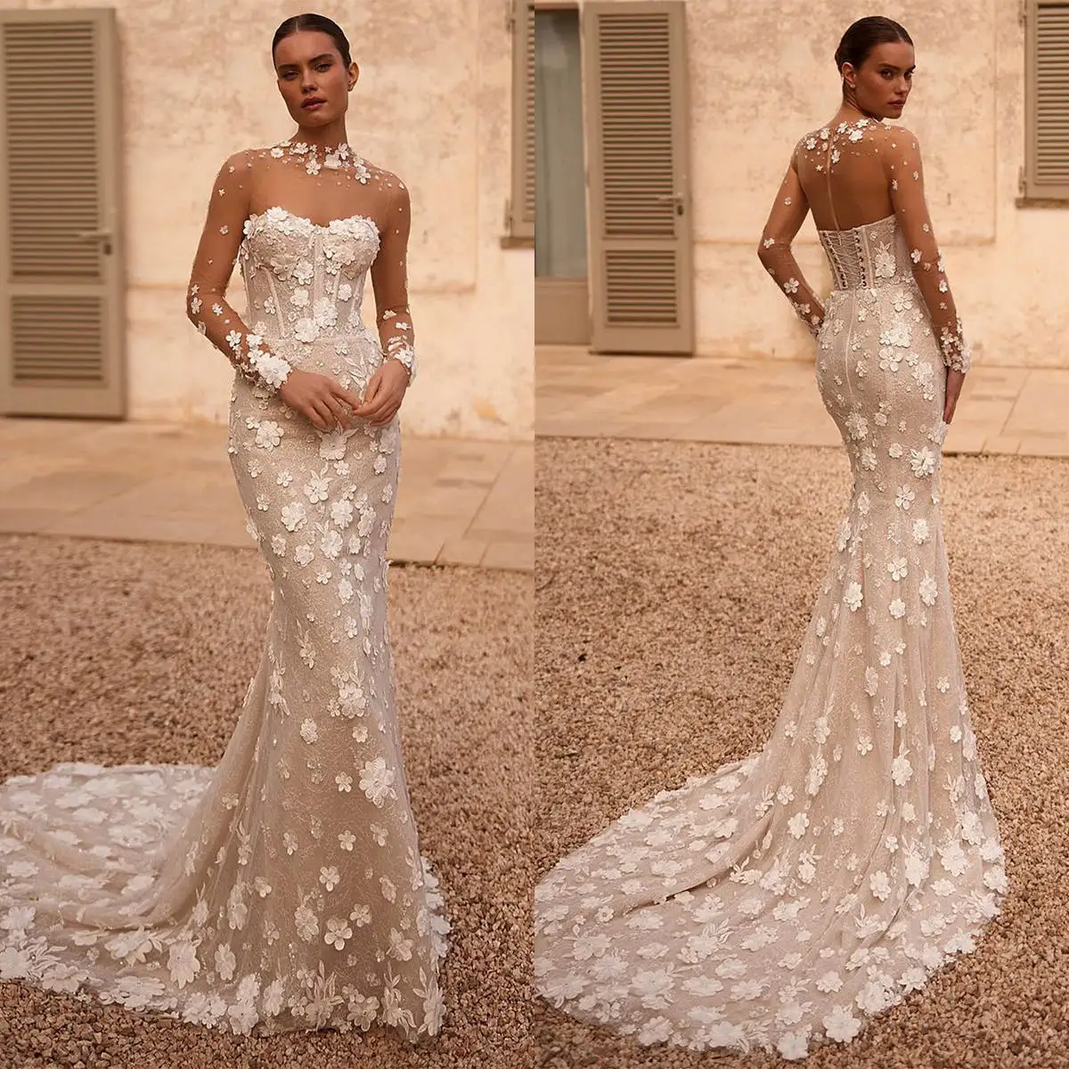 Boho Mermaid Wedding Dress 3D Flowers Appliques Sheer Neck Bridal Gowns Long Sleeve Dresses For African Women