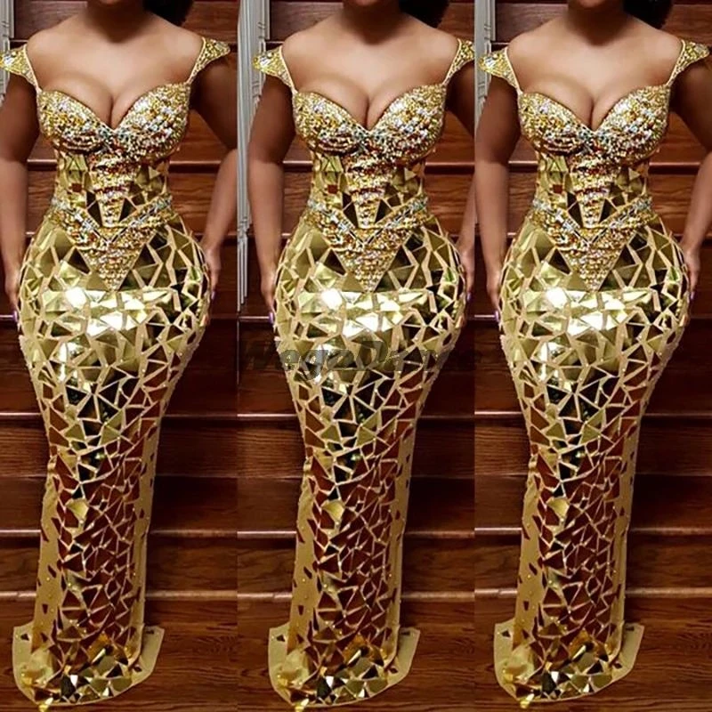 

Birthday Celebrate Prom Party Show Beautiful Entrance Flashy Stone Prom Gold Diamante Mirror Dress