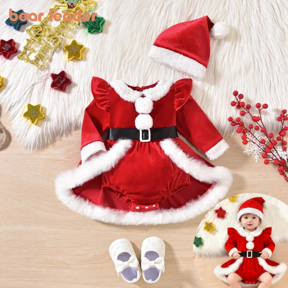 

Bear Leader Baby Dress One-Pieces Christmas Children's Wear Red Long Sleeve Splicing Bodysuits New Year Cute Girls' Dresses