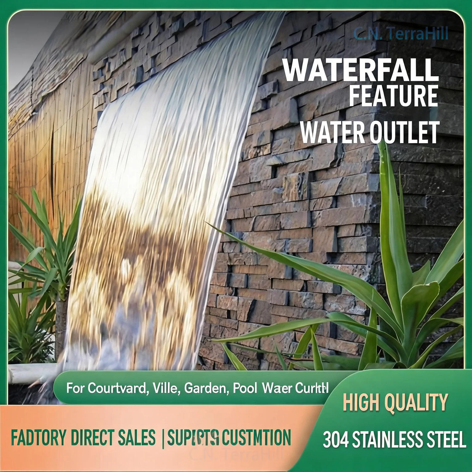 304 Stainless Steel Waterfall Spout Outdoor Fish Pond Water Curtain Wall Landscape Water Feature