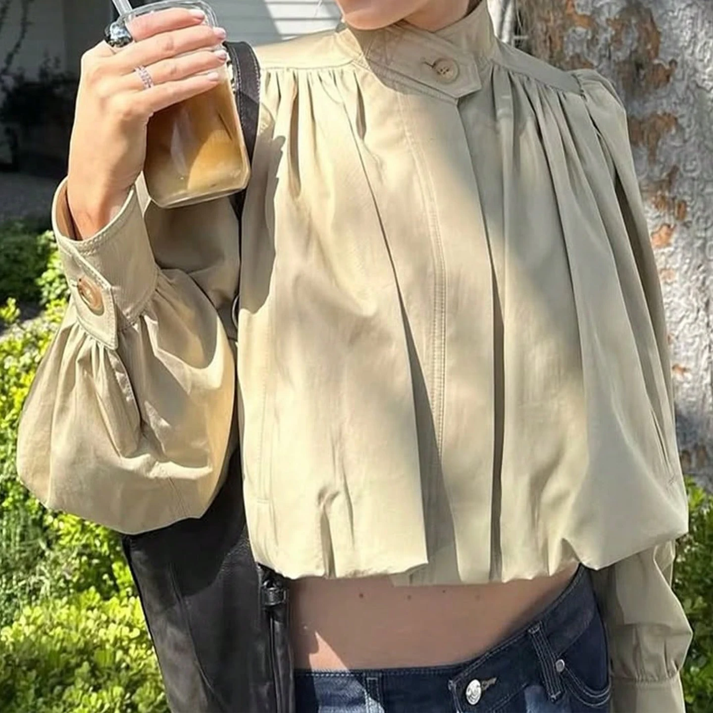 

Ele Casual High Collar Folded Coat for Women Commute Sle Loose Fit ort Length Button Door Autumn New Arrival