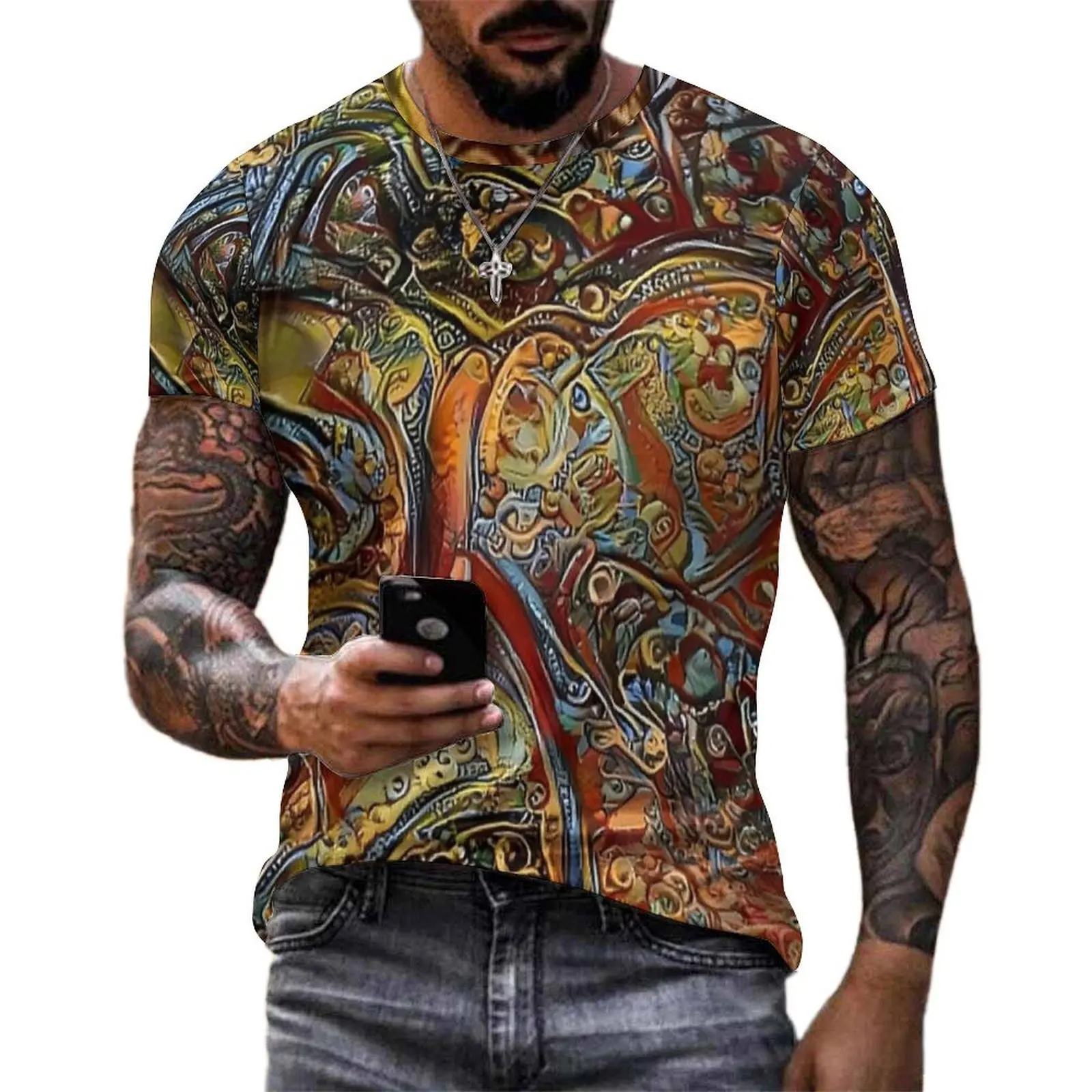 Big Size T Shirt Beach Vintage Relief Abstract Texture Print T-Shirts  Casual O-Neck Tshirt Couple Hip Hop Custom Tops