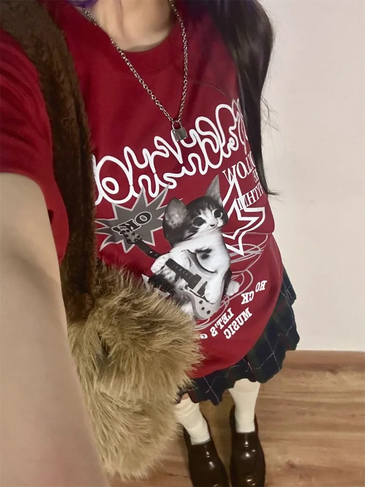 HOUZHOU Kawaii Cat Printed Red T-shirts Women Harajuku Oversized Punk Style Tops Cute Graphic Short Sleeve Tees Cotton Casual