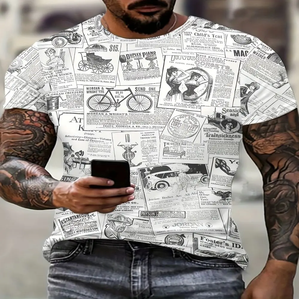 New Summer Plus Size Men\'s Retro Casual Newspaper 3D Printing Fashion Round Neck Pullover Short Sleeve Loose Top Design Harajuku