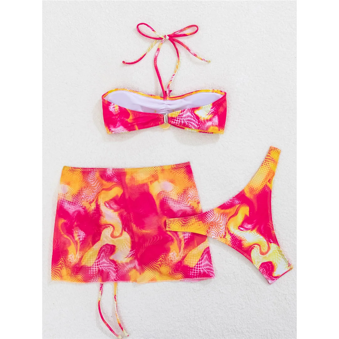 Mit Rock, 3D-Blumen, Neckholder-Bikini, Damen-Badeanzug, dreiteiliges Bikini-Set, Damen-Bademode, gepolsterter Badeanzug, Badebekleidung, Schwimmanzug V7598 – Detail 3