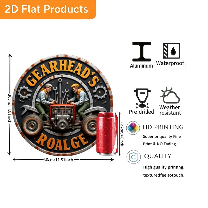 Vintage 2D Metal Sign Man Cave Garage Decor, Mechanics Working on Engine Wall Art, Round 11.81x11.81 Inch Metal Wall Decor for H