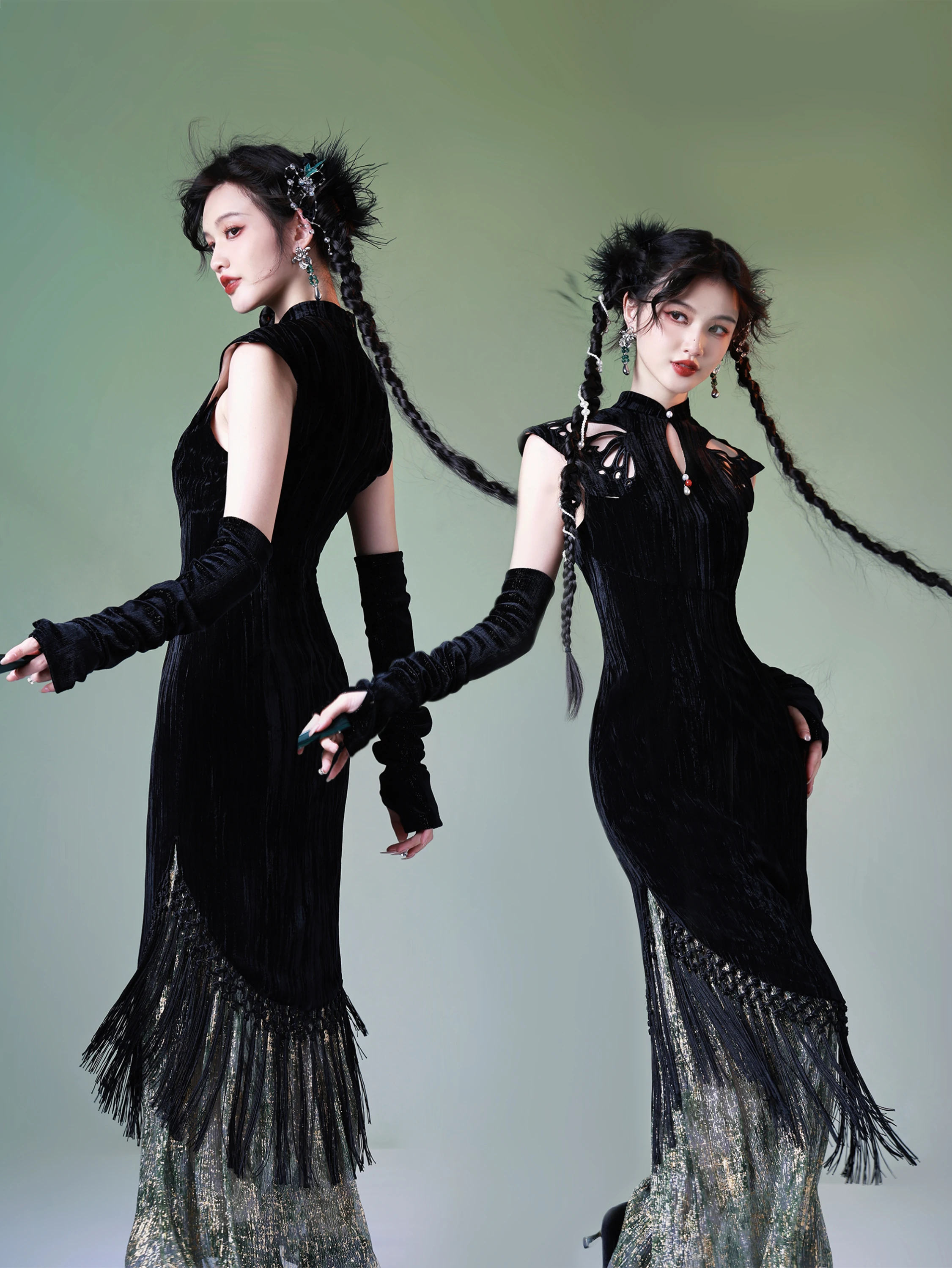 

Современное облегающее черное ципао с вышивкой, бархатное, с бахромой, в стиле фи-тейл, шикарное, винтажное, длинное, китайское платье