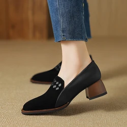 NEW Spring/Autumn Women Loafers Sheep Suede Leather Shoes for Women Square Toe Chunky Heel Black Shoes Concise Weave Women Pumps