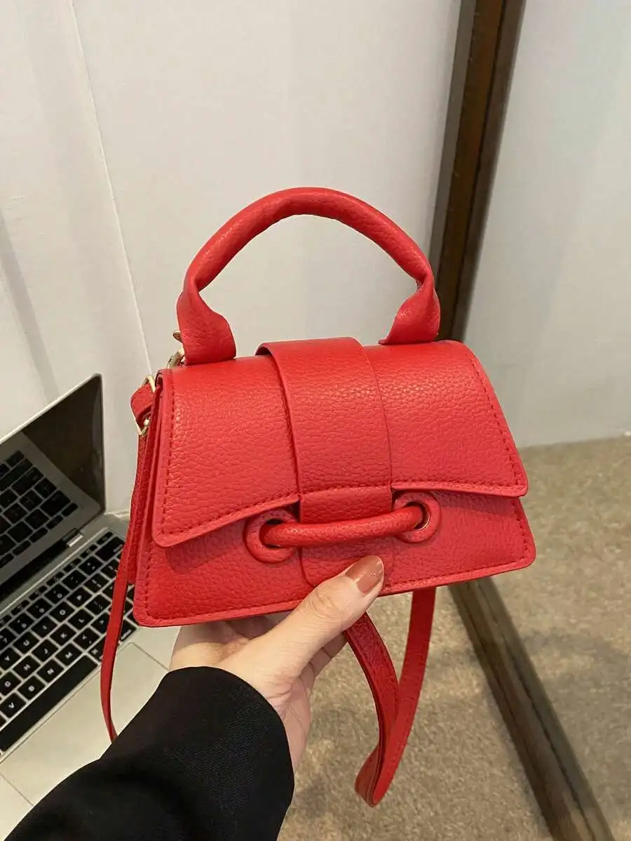 

Vibrant Red Top-Handle Mini Bag with Textured Faux Leather and Dual Strap