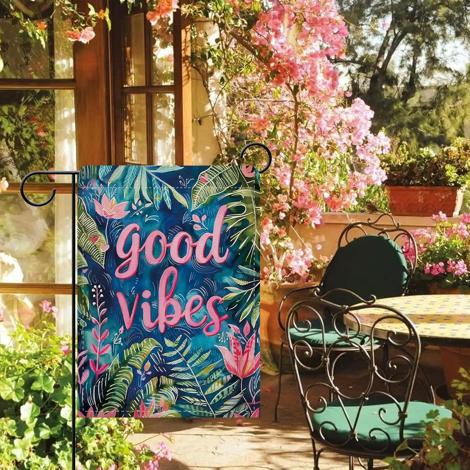 Dyrenson Good Vibes Good Tropical Plant Decorative Garden Flag, Motivational Pink Flower Leaves Yard Outside Home Decoration IIC