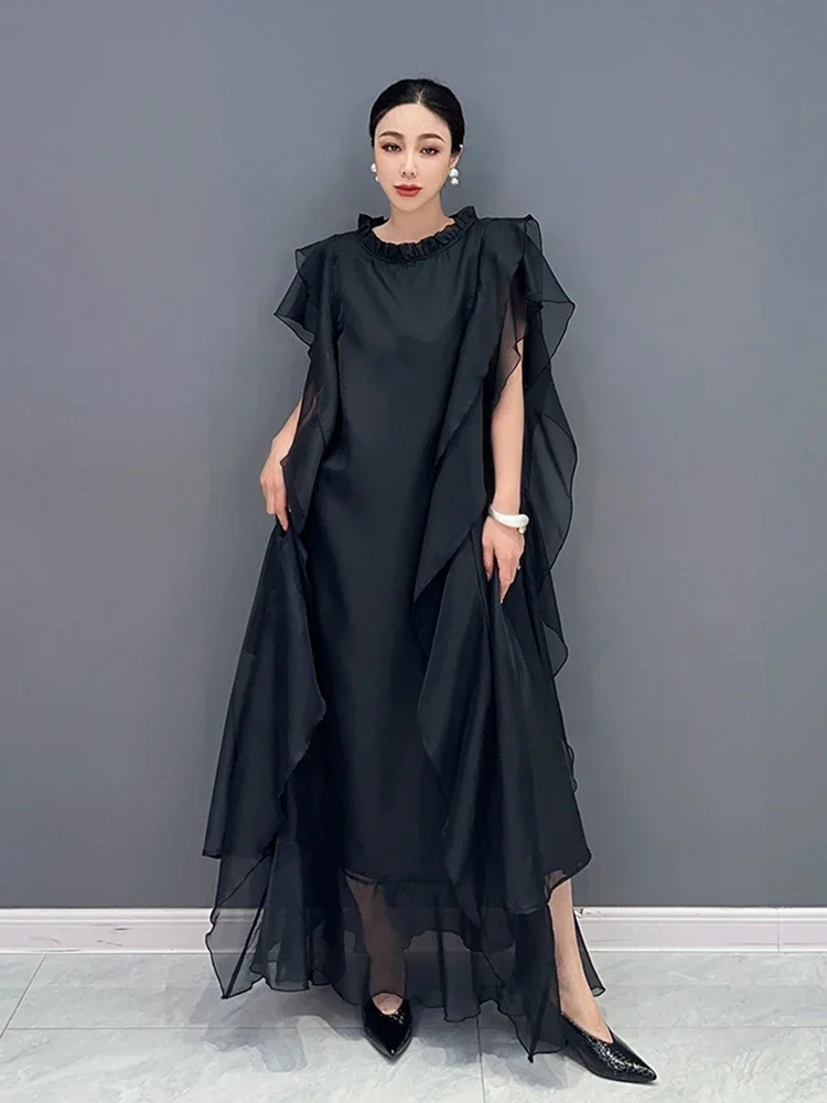 

XITAO Sleeveless Flounced Edge Dress Black Loose Fashion Simplicity Temperament Women O-neck Women Summer New Dress WLD20144