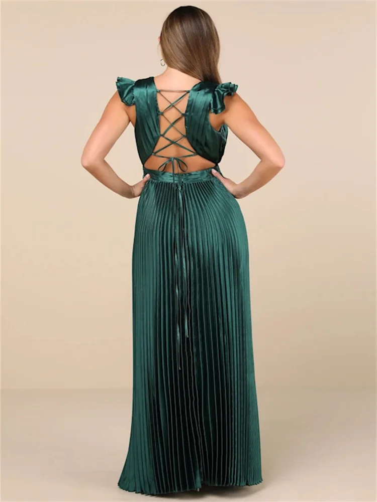 Customized Emerald Satin Lace-up Pleated Maxi Dress Deep V-neck Ruffled Strap Skirt All-over Accordion Pleated Evening Gown